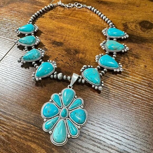 Squash Blossom Turquoise Necklace, Southwestern Cowgirl Necklace, Ships in Gift - Picture 4 of 9